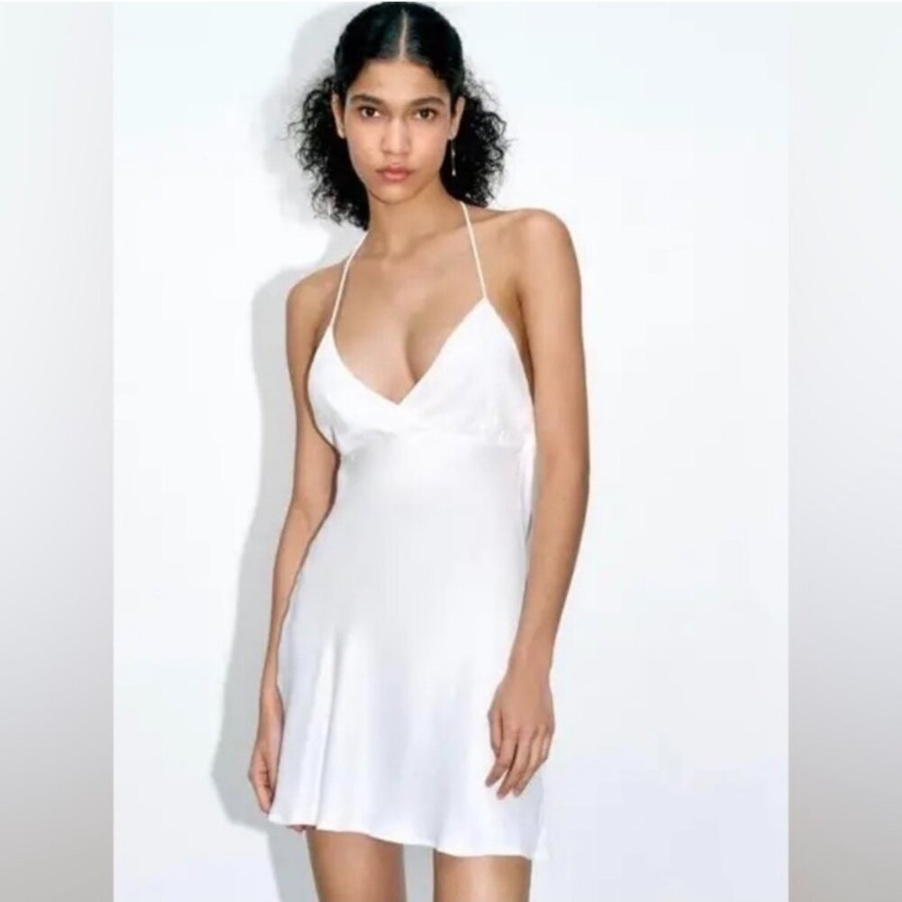 Zara Satin White Mini Dress with Rhinestones